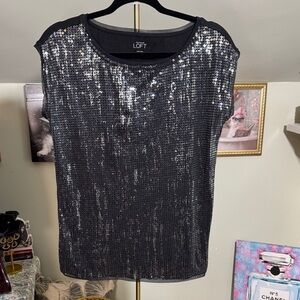 EUC LOFT Black Sequin Tank Tee Shirt Back Distressed Sequins Size S